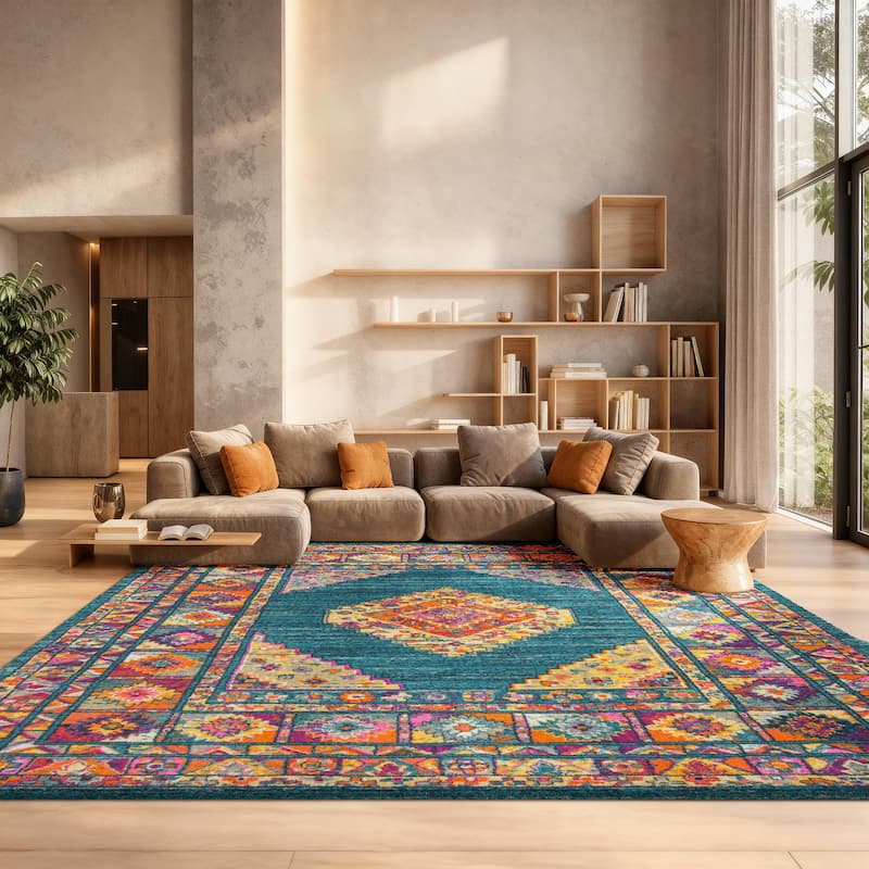 SAFAVIEH Madison Beverlee Vintage Boho Oriental Rug - 9' x 12' - Light Blue/Orange