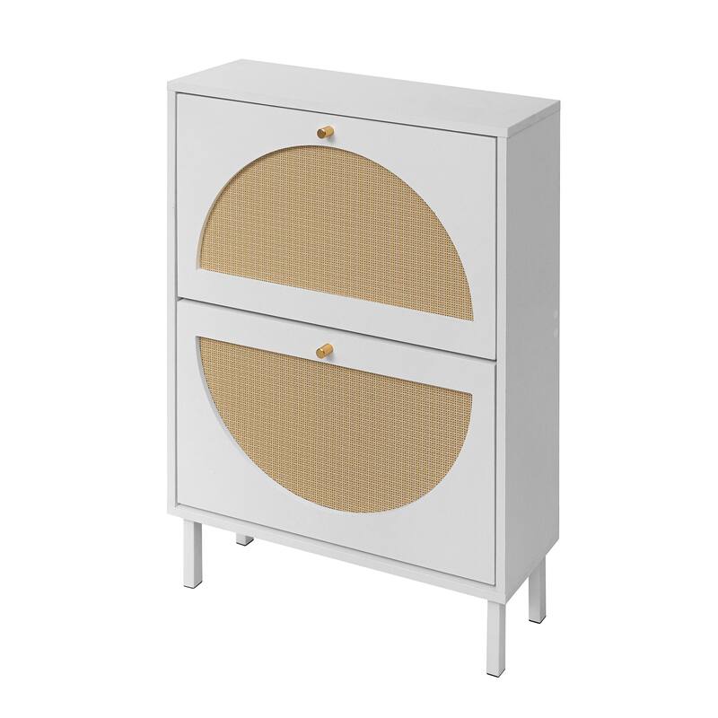 Rattan Shoe Cabinet with 2 Flip Drawer, Freestanding Entryway Organizer, Shoe Rack with Metal Legs for Living Room, Hallway