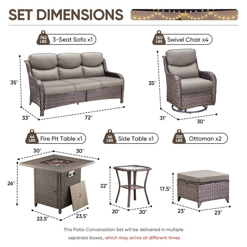 Pocassy Outdoor Propane Fire Table w/ Sofa Swivel Chair Ottoman Funiture Set.