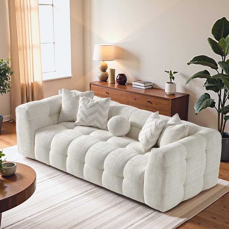 Fresno Luxury Modern Tufted Ivory Chenille Couch - Ivory