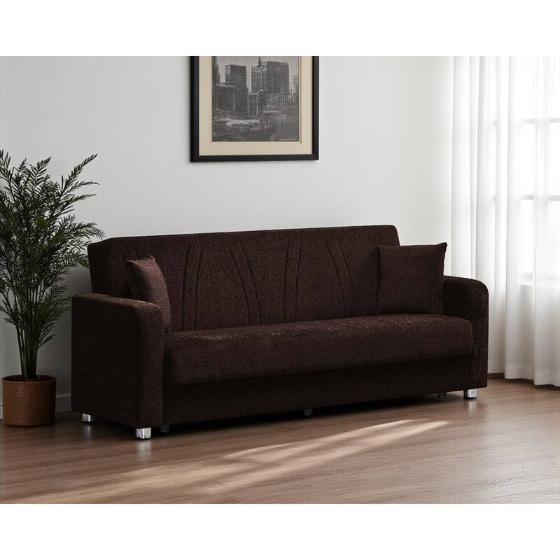 HomeRoots 87" Dark Brown Chenille Convertible Futon Sleeper Sofa And Toss Pillows With Storage - Dark Brown