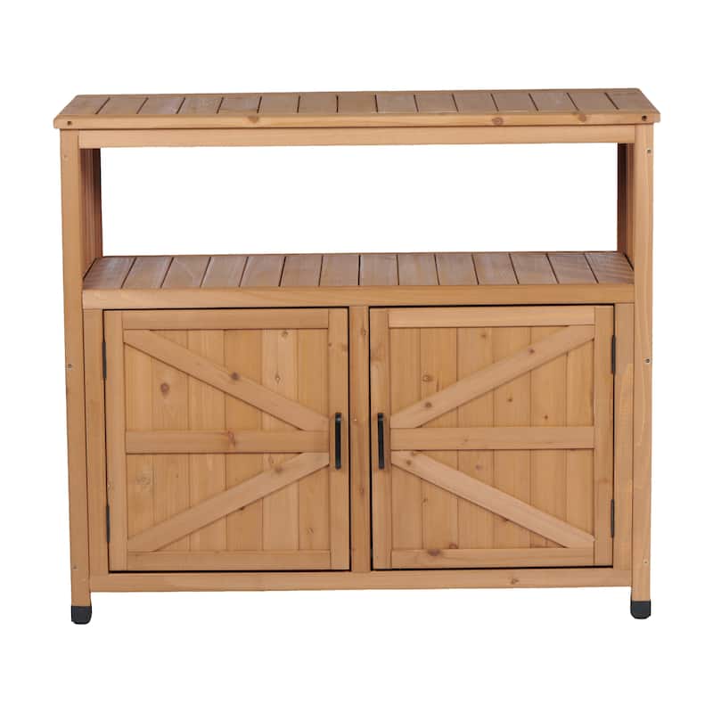 Outdoor Patio Storage Cabinet with Slatted Cedar, Wooden Patio Bar Table, Buffet Cabinet Sideboard Console Table