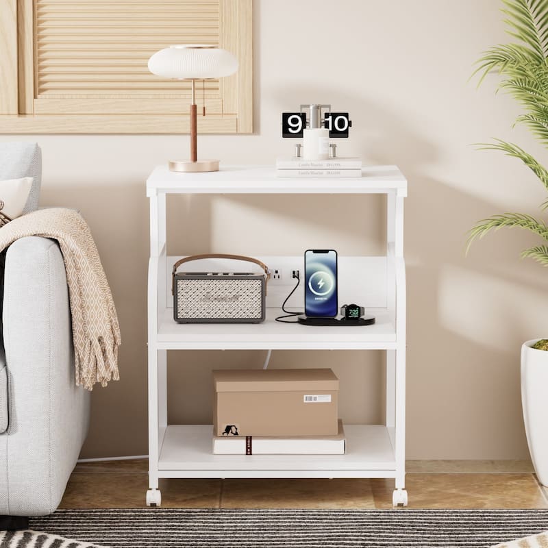 Javlergo 3-Tier Rolling Printer Stand with Locking Wheels Charging Station & AC/USB Outlets Mobile Office Storage Cart