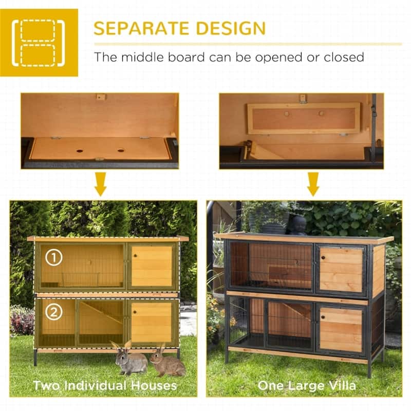 2-Level Bunny Hutch with Weather-Resistant Roof and Spacious Run Area and Removable Trays - 48" L x 19.75" W x 39.75" H