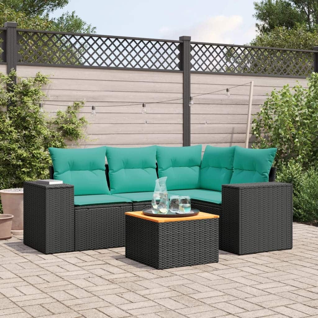 vidaXL 5 Piece Patio Sofa Set with Cushions Black Poly Rattan - 24.4" x 24.4" x 27.2"