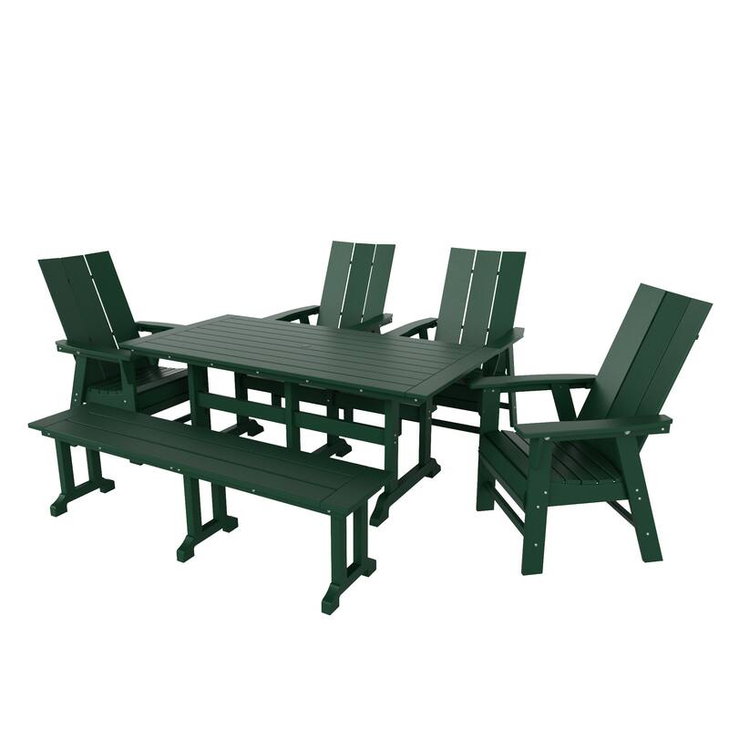 Shoreside 6-Piece Rectangular Poly Eco-Friendly All Weather Outdoor Dining Set with Bench - Dark Green