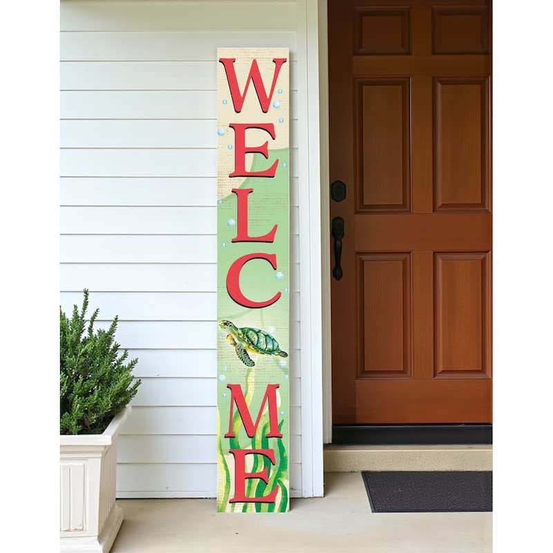HomeRoots 60" Green And Pink Solid Wood Welcome Turtle Porch Sign - Green/Pink - Wood