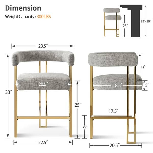 dimension image slide 2 of 6, 25" Seat Height Upholstered Chenille Gold Metal Counter Stool