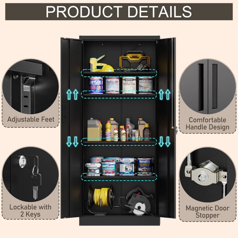 72"H Metal File Storage Cabinet with 2 Doors & 4 Adjustable Shelves