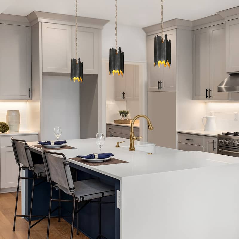 Modern 1-Light Black Gold Irregular Drum Pendant with Adjustable Chain for Kitchen Island