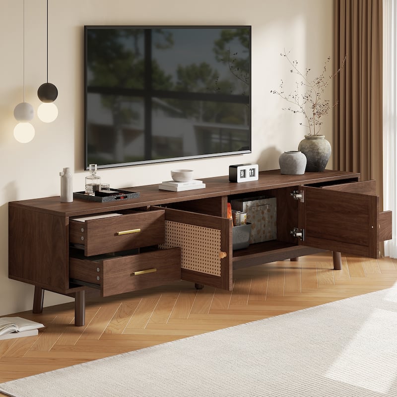 Modern 70" TV Stand with Rattan Doors for TVs up to 80", Media Console Entertainment Center with Drawers
