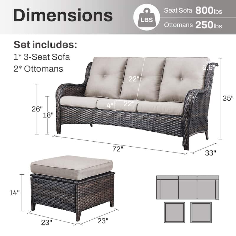Gymojoy 5-Piece Outdoor Wicker Patio Furniture with 3 Seat Sofa, Rattan Coversation Set with Water Resistant Thick Cushions