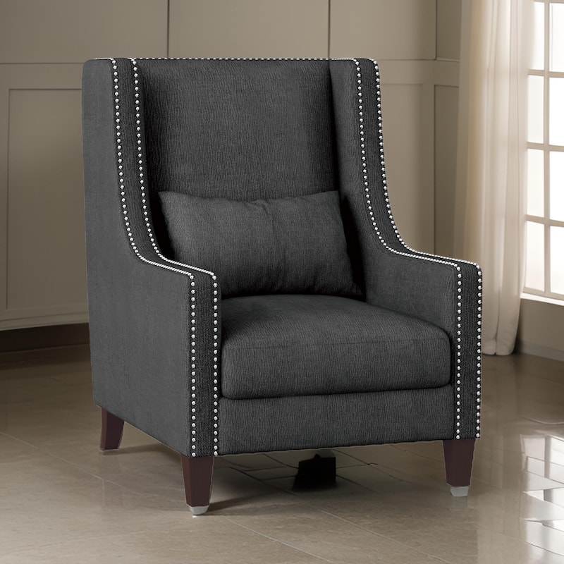 33 Inch Accent Armchair, High Back, Loose Cushions, 1 Lumbar Pillow, Gray