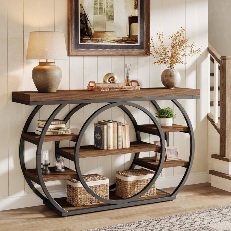 5-Tier Industrial Entryway Table with Metal Frame, 47" Console Table, Narrow Sofa Table Behind Couch Accent Tables
