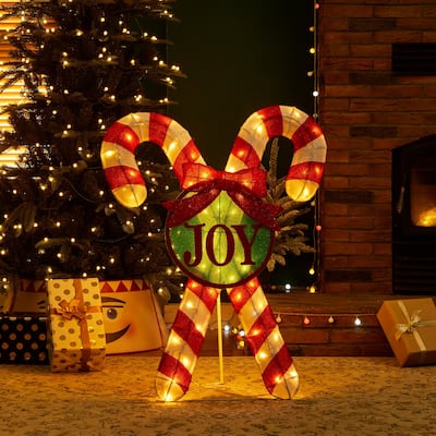 Glitzhome 35"H Lighted Christmas Candy Cane Decor with 60 LED Lights - 3D Candy Cane