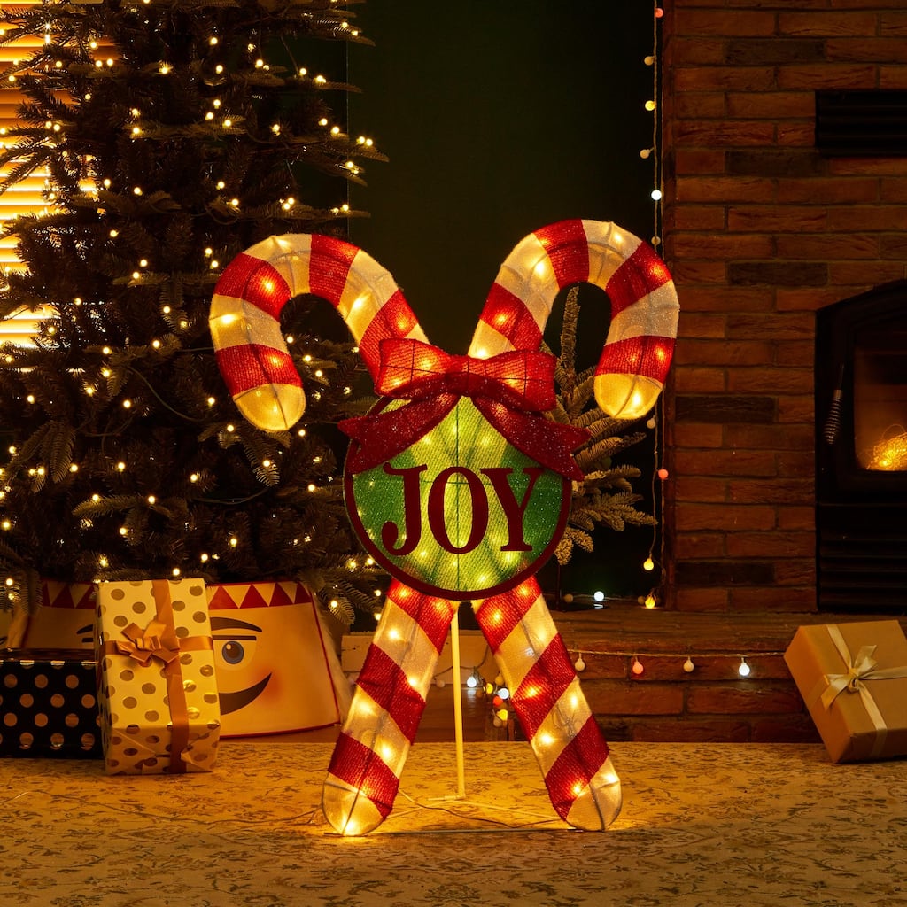 Glitzhome 35"H Lighted Christmas Candy Cane Decor with 60 LED Lights - 3D Candy Cane