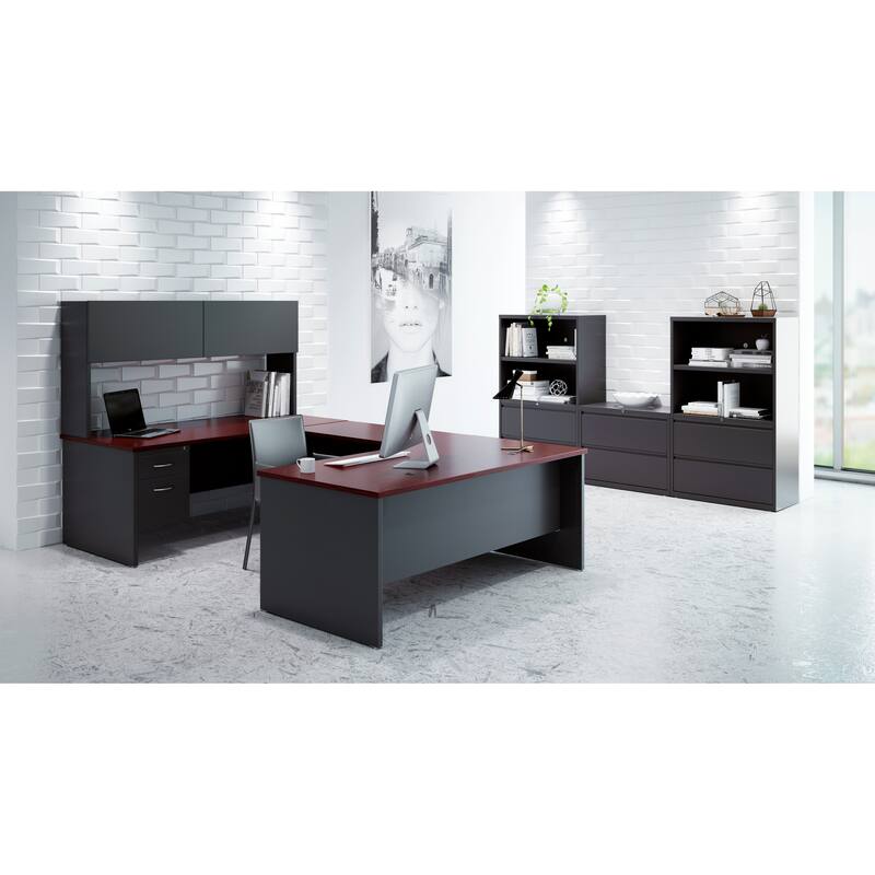 Hirsh Executive Office Modular Left-Hand Single Pedestal File Desk, 30" D x 66" W, Charcoal / Mahogany