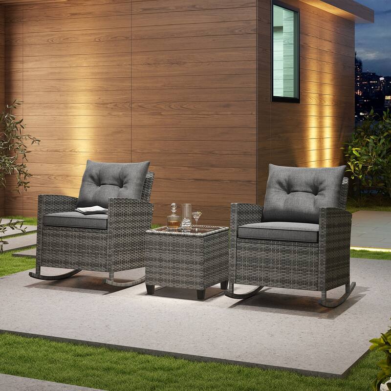 Gymax Set of 3 Wicker Rocking Set Patio w/ Tempered Glass Table & Soft