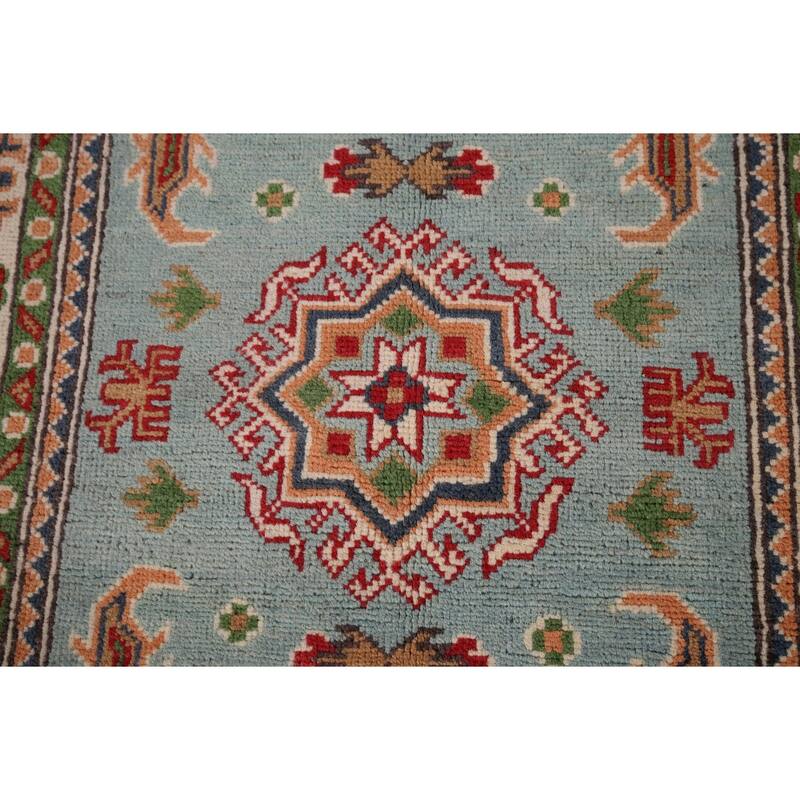 Light Blue Geometric Kazak Accent Rug Hand-Knotted Foyer Wool Carpet - 2'8" x 4'3"