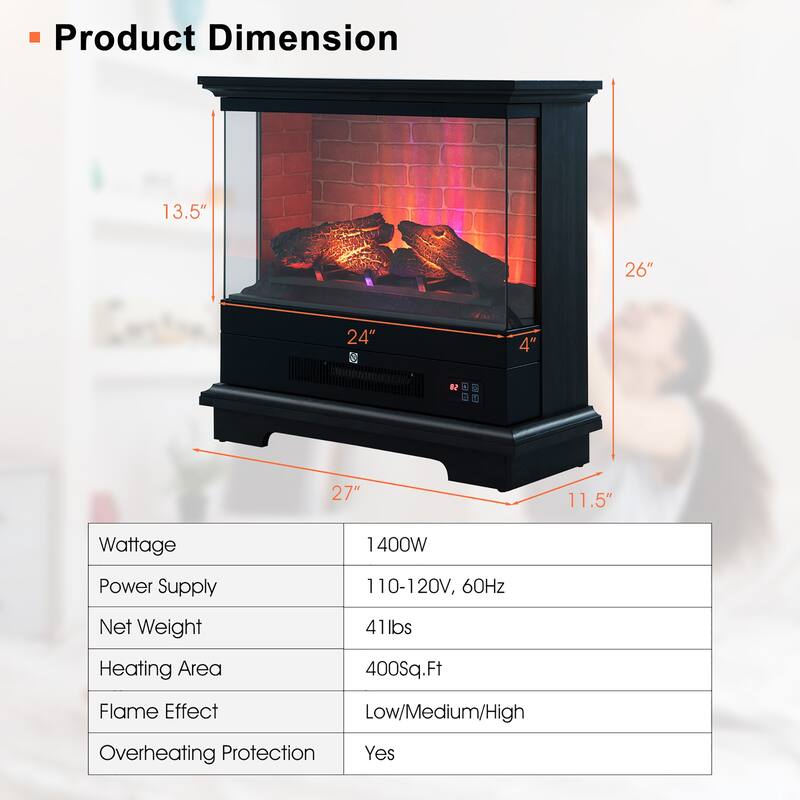 Costway 27'' Freestanding Electric Fireplace Heater w/ 3-Level Flame - See Details