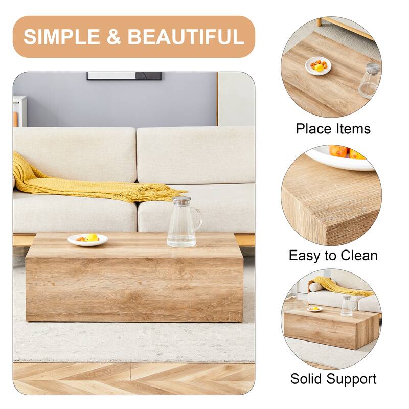 Modern Rectangular Coffee Table with Solid Base, Wooden Center Table with Imitation Marble Texture for Living Room