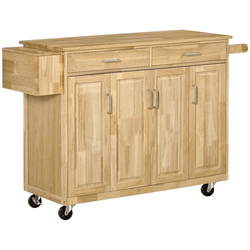 Kitchen Island on Wheels, Natural Hardwood Kitchen Cart with Drawers