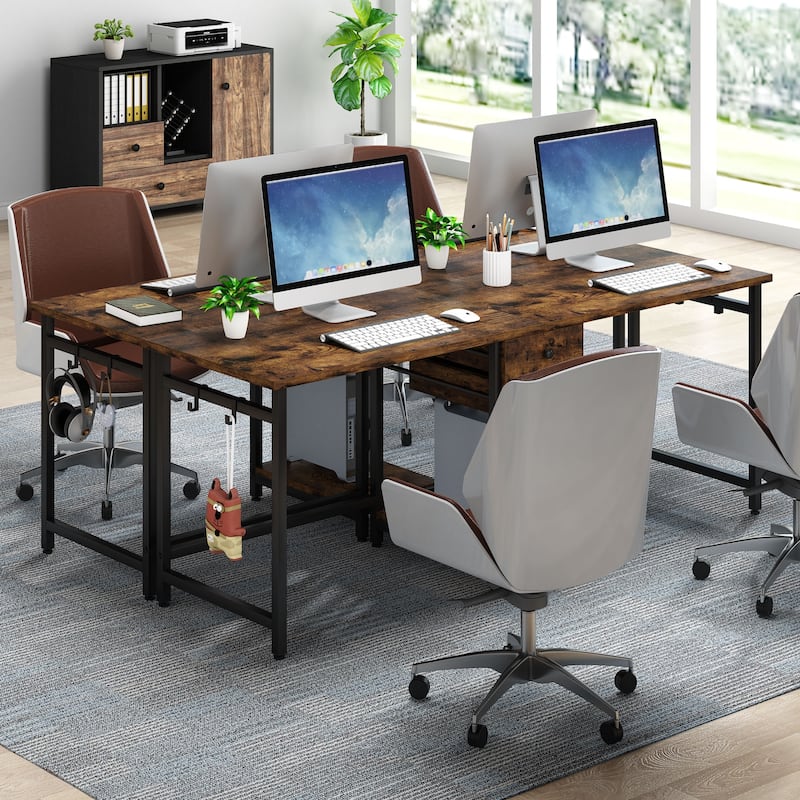 Extra Long Two Person Desk,Industrial Workstation for Home Office，78’’ Double Computer Desk with Drawers and Storage Shelves