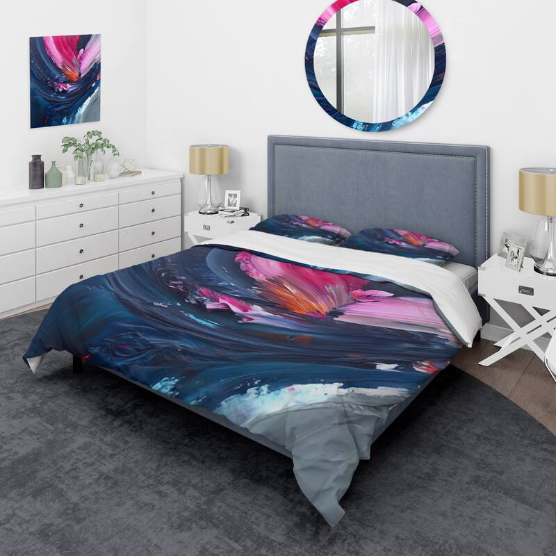 Designart "Blue and Pink Textured Art" Blue Modern - Bedding Cover Set With Shams