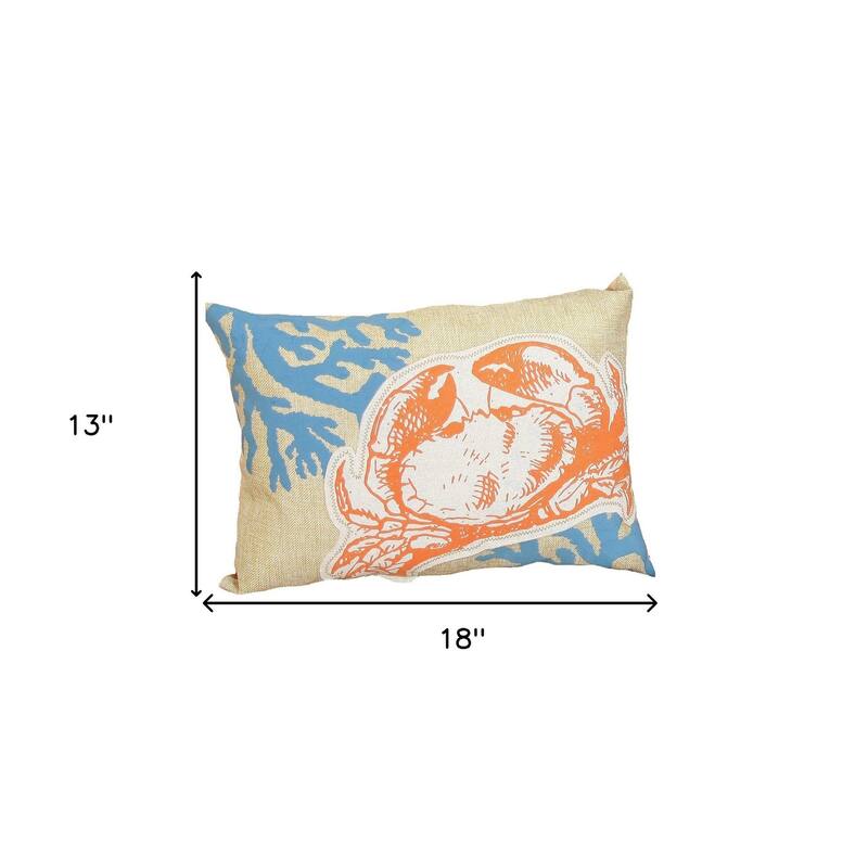 HomeRoots 13" X 18" Blue and Orange Crab Coastal Polyester Pillow With Applique