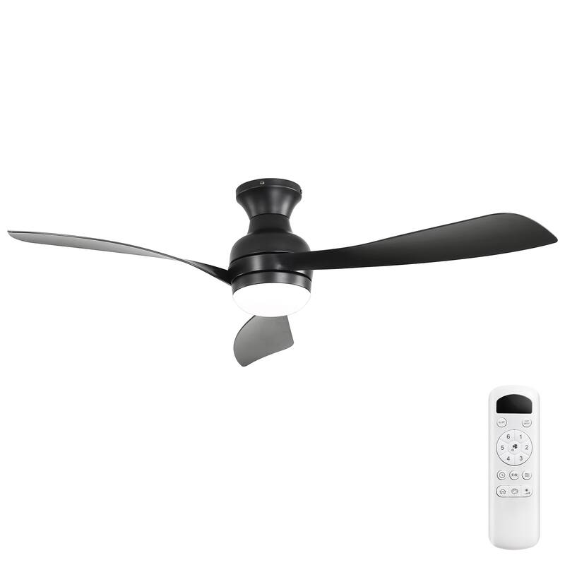 52Inch Flush Mount Ceiling Fan with Dimmable Light and Remote Control,With 3 ABS Fan Blades,6 Wind Speed Adjustable - 52 Inches - Black with Black Blades