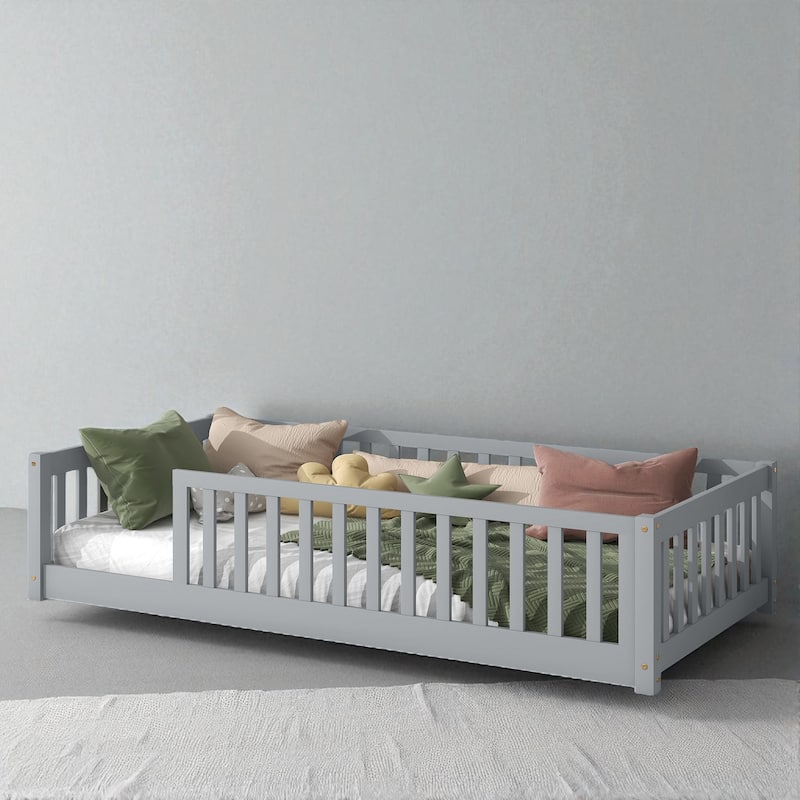 Twin Floor Bed with High Safety Fence, Rubber Wood Construction, Easy Assembly