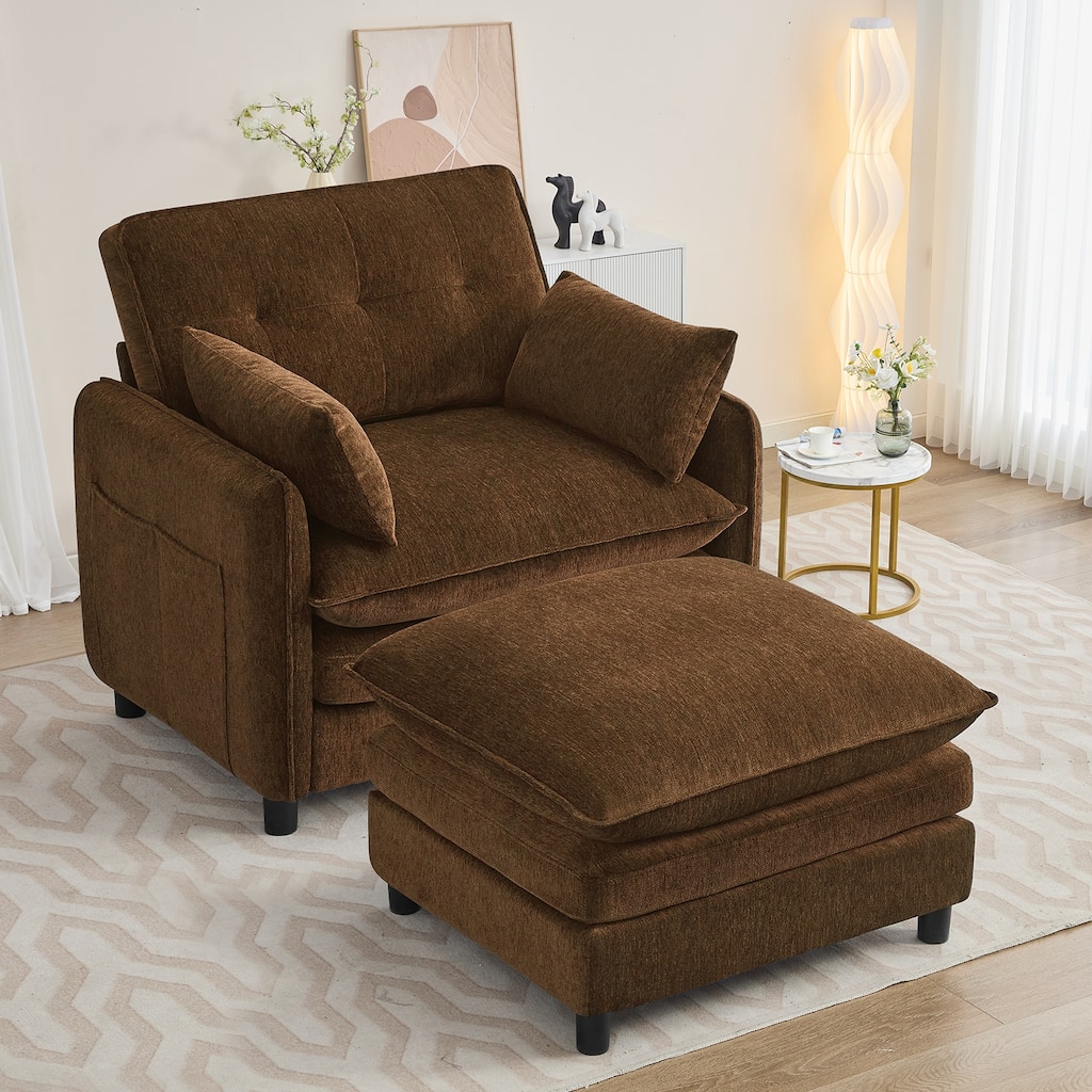 Upholstered Chenille Oversized Accent Armchairs with Ottoman and Side Pocket