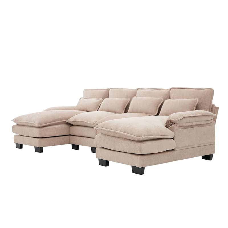 Symmetrical Chenille Upholstered Sectional Sofa U-shaped Cloud Couch with Double Chaise, Side Pockets and Double-layer Cushions