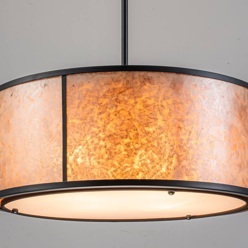 20" W and 8" W Rustic Matte Black Finish Tawny Mica Drum Pendant Light for Living Room & Bedroom