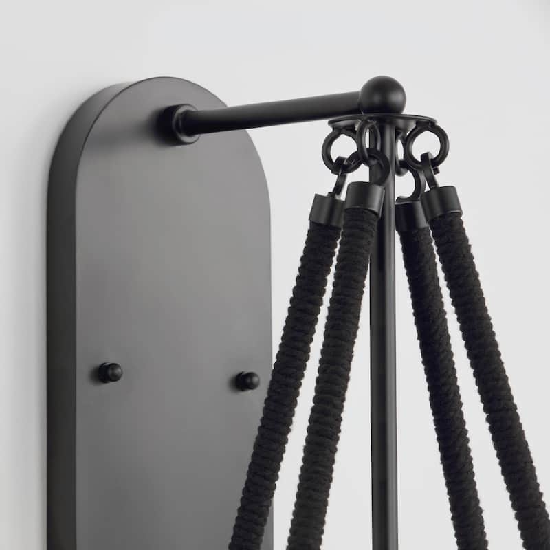 VidaLite Voyager 1-Light Matte Black Wall Sconce, Wall Lamp Fixture With Rope Detailing & Smoked Glass Shade - 21.5" x 11.5"