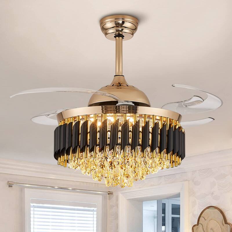Modern Gold Black Retractable Crystal Ceiling Fan With Lights, Dimmable LED Luxury Chandelier Ceiling Fan With Remote Control - 48''