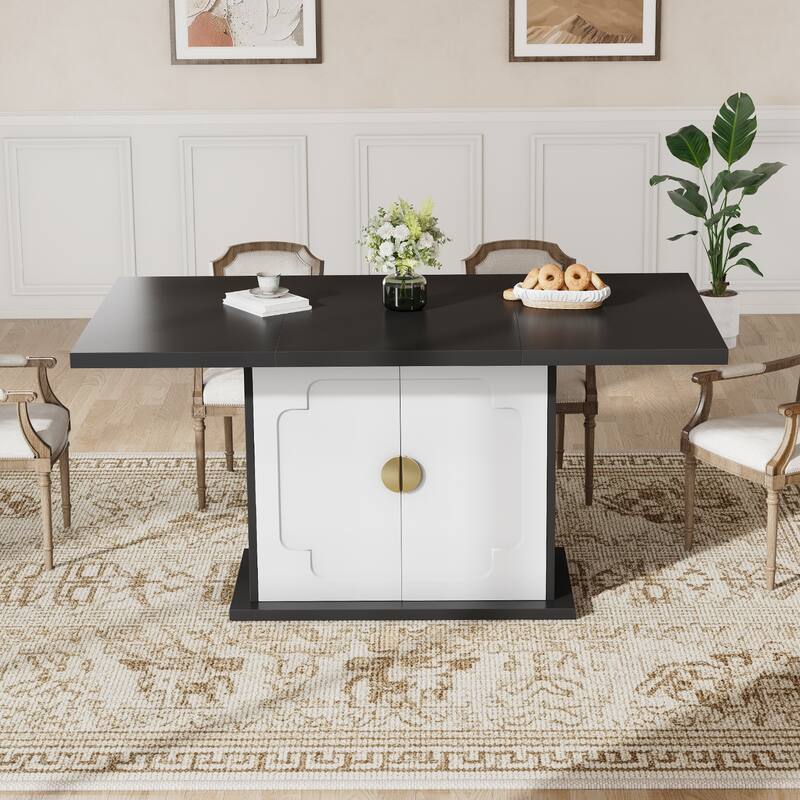 Rossetta 63" Rectangular Kitchen Dining Table with Pedestal Base and Storage Shelves, Easy Assembly