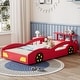 preview thumbnail 3 of 6, Wooden Race Car Twin Bed with Storage, Car-Shaped Platform Bed with Side Rails and Wheels for Teens & Kids Room, Red & Yellow