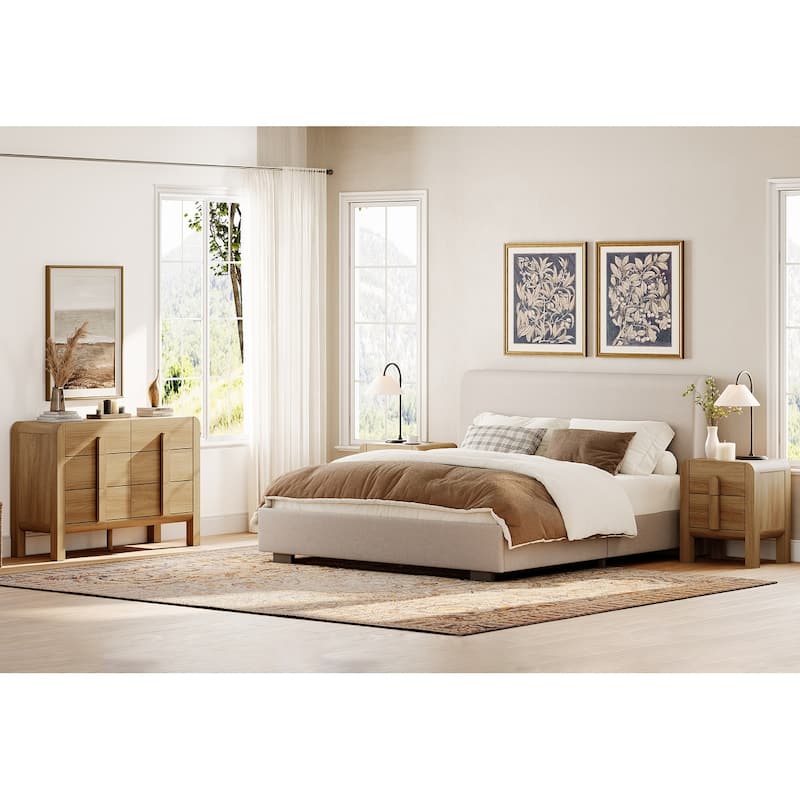 WAMPAT 3 Pcs Bedroom Set,6 Drawer Dresser And Nightstand Sets For Bedroom, Double Dresser With Curved Profile Design
