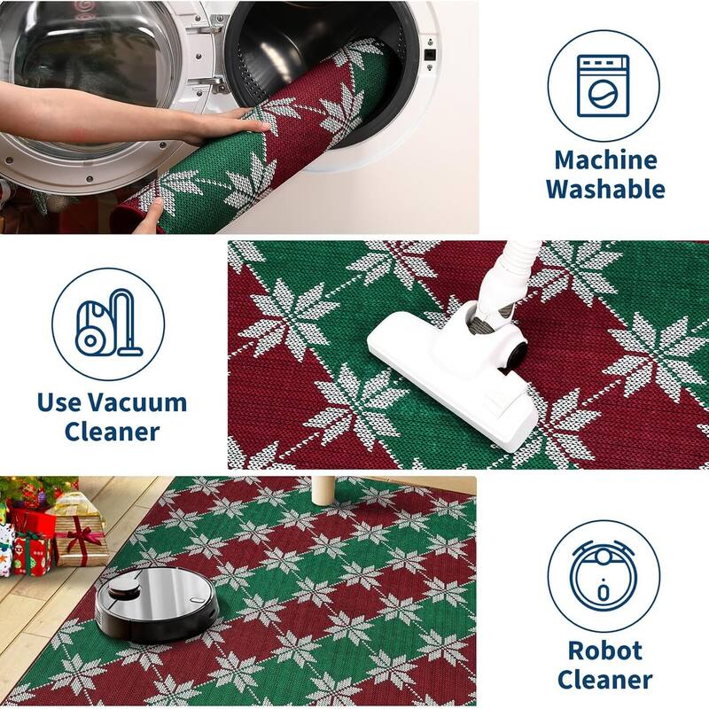 GustoWave Christmas Geometric Throw Area Rugs, Non Slip Machine Washable, Green+Red - 1'6" x 2'6"