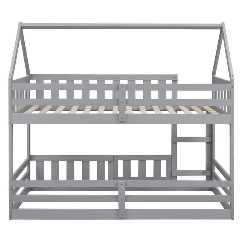 Wooden Twin over Twin House Bunk Bed with Fence and Door