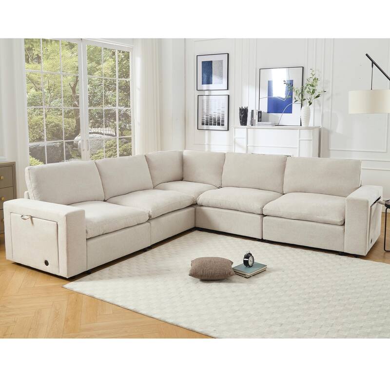 5-seat Modular Sectional Couch with Wireless Charging, Cup Holders & Book Storage, Beige Soft Linen Fabric