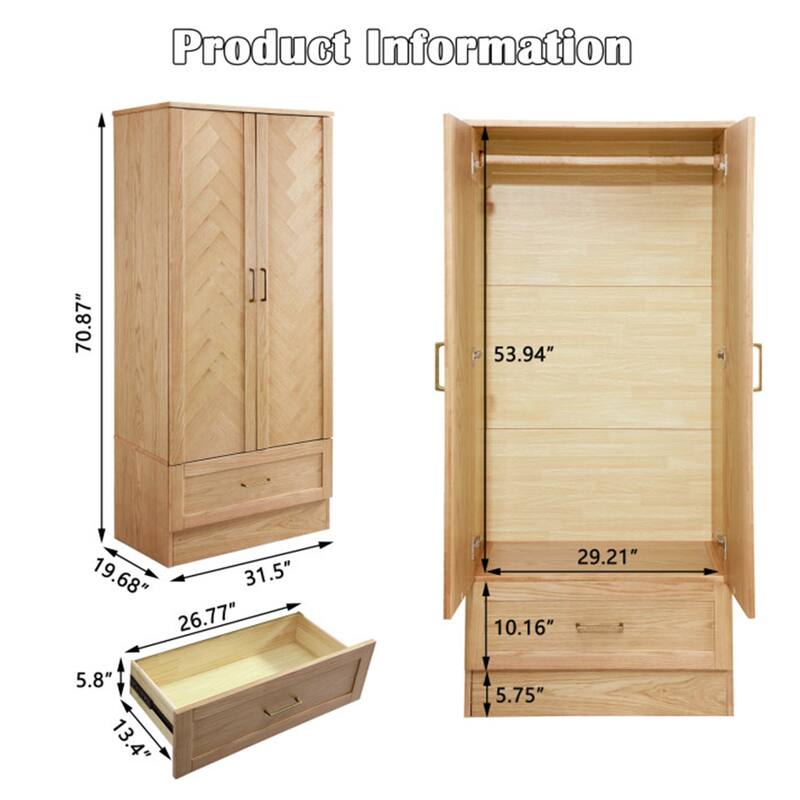 100% Solid Wood Armoire Wardrobe Closet with 2 Door, 70.87"H Bedroom Armoire Closet with Drawer and Hanging Rod, Wood Finish