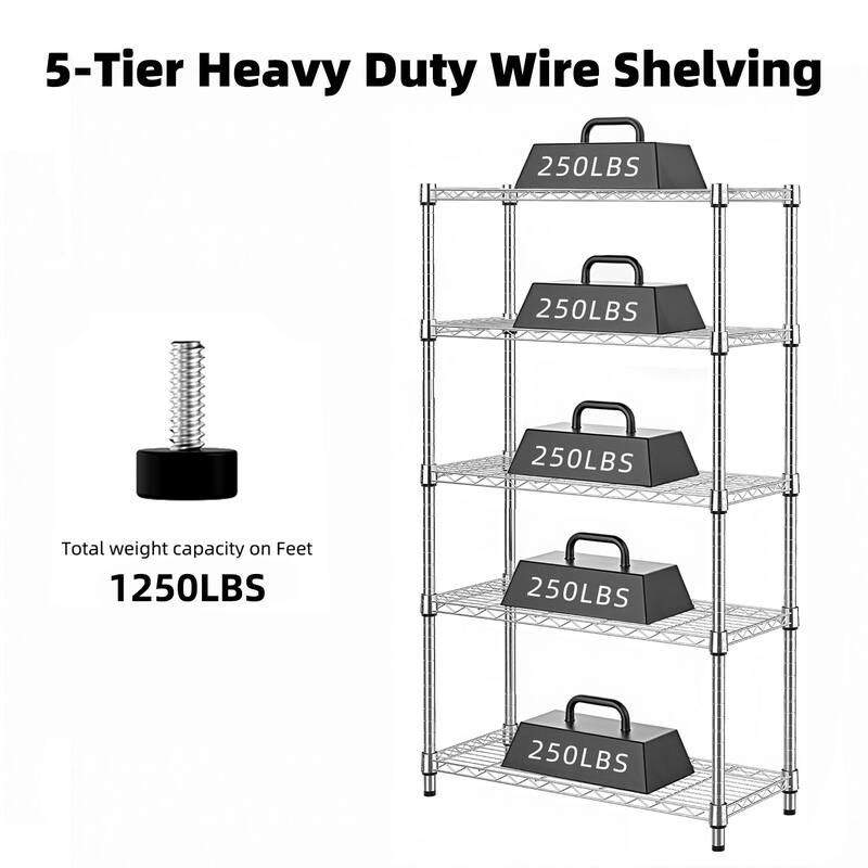 1250 lbs Steel Heavy Duty 5-Tier Utility Shelving Unit Steel Organizer Wire Rack for Home, Kitchen, Office