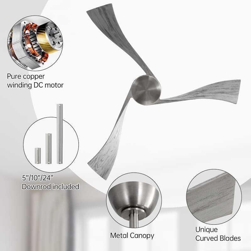 52" Solid Wood Noiseless 3-Blade Ceiling Fans with Dimmable LED Light Optional and Remote, 6-Speed Reversible DC Motor - Nickel with Grey Solid wood Blades/Withoutlights