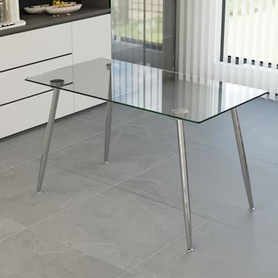 Glass Dining Table, Modern Rectangular Table with Tempered Glass Tabletop & Sliver metal Legs, Simplistic Kitchen Table
