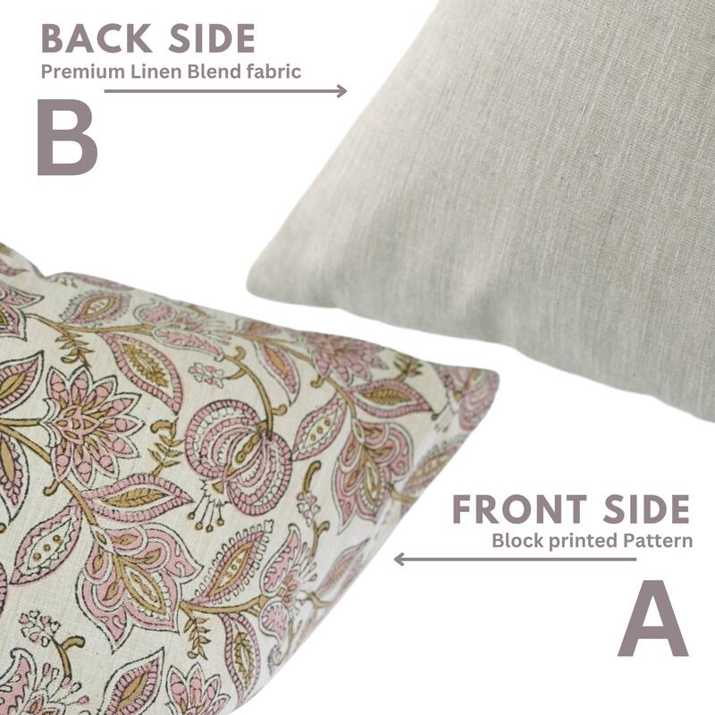 Fabdivine Linen Blend Handmade Block printed Floral Cushion Cover for Rustic Living or Bedroom 24x24 Inch, Custard Apple