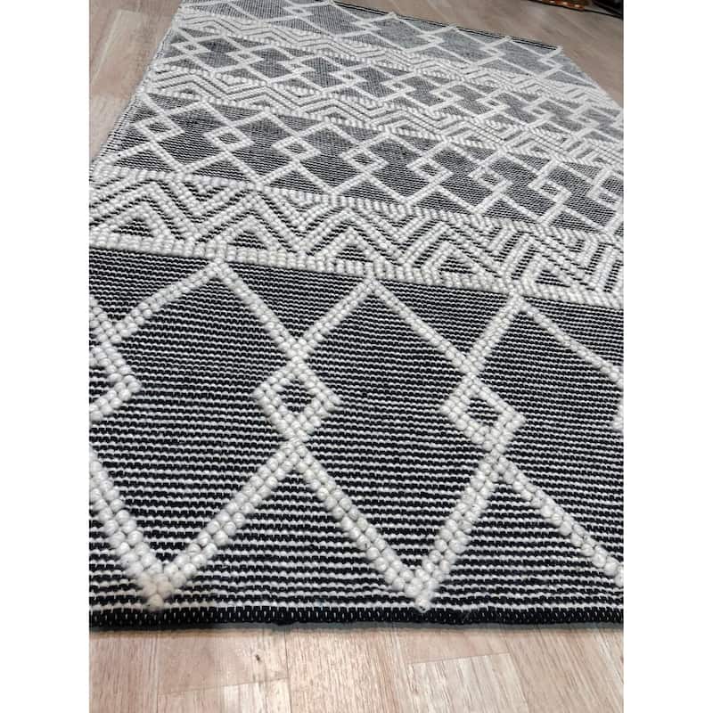 Handwoven Wool Black Contemporary Geometric Durrie Kilim Rug - Modern Artistry and Timeless Craftsmanship - 9' x 12'