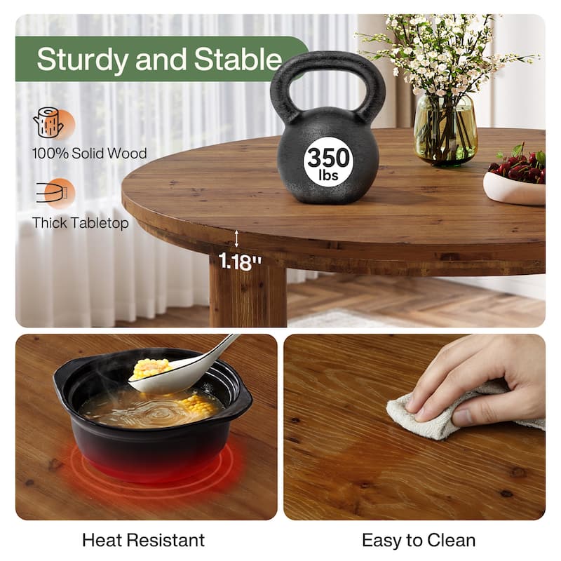 47 Inch Round Dining Table for 4-6, Solid Wood Kitchen Table, Farmhouse Style - 47.24" L x 47.24" W x 29.53" H