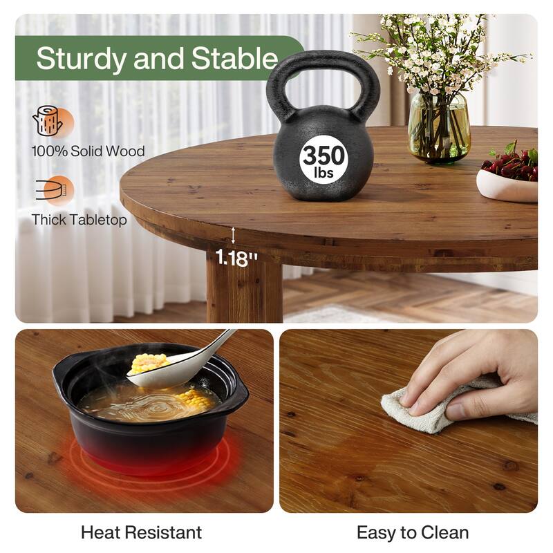 47 Inch Solid Wood Round Dining Table for 4-6 People, Farmhouse Style - 47.24" L x 47.24" W x 29.53" H